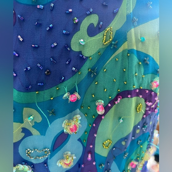 Vintage Cache Turquoise 🦋 Purple Lime Beaded Sequin Cocktail Dress Sz 12 Halter - Picture 12 of 16